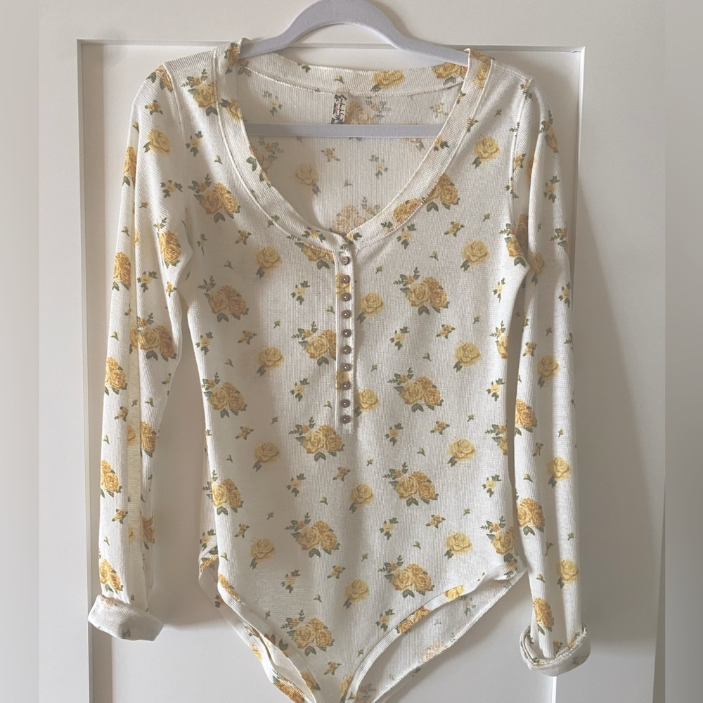 Free People Thermal Henley White & Yellow floral Long Sleeve Bodysuit